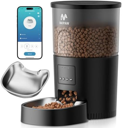 IMIPAW Automatic Cat Feeder, 5G WiFi Food Dispenser with APP Remote Control, Pet Dry Food Smart Feeder, Programmable Timed Feeding, Dual Power Supply, 1-10 Meals, Desiccant Bag, Stainless Steel Bowl
