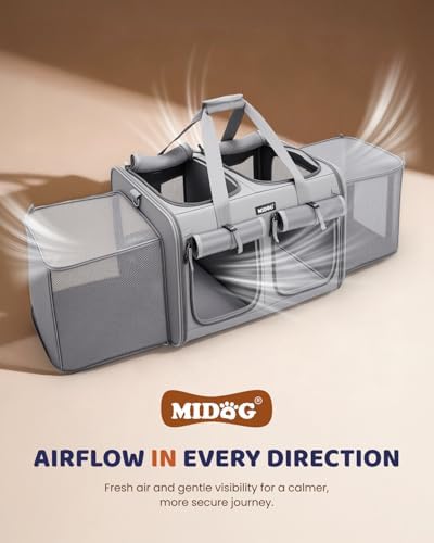 MIDOG 2 Cat Carrier with Litter Box, Expandable Dual Compartment Cat Carrier for 2 Cats, Large Soft Sided Double Pet Carrier for Car Travel, Moving