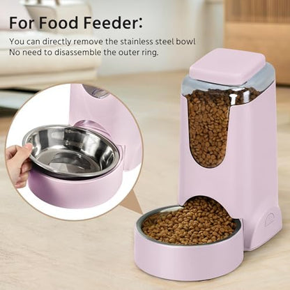 2 Pack Automatic Cat Feeder and Stainless Steel Water Dispenser, Gravity Dog Waterer Set Food Feeder and Waterer Set for Small Medium Kitten Puppy Pets(1 Gallon x 2, Violet)
