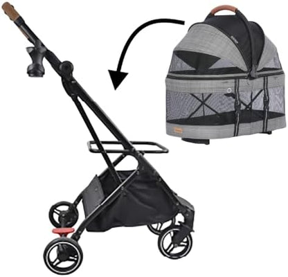 ROODO 2026 Upgraded Version 3-in-1 Dog Cat Stroller with Detachable Carrier Folding Lightweight Portable Travel Pet Gear All-Terrain Puppy Doggie Kitty Bunny Stroller for 35 lbs(Grey Lattice)
