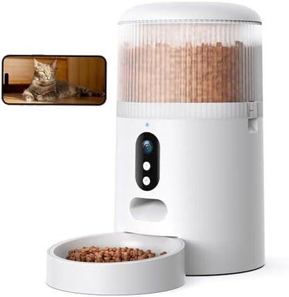 Automatic Cat Feeder with Camera, 3MP HD Video & Night Vision, 5G/2.4G WiFi Smart Pet Feeder with APP Control, 2-Way Audio, Motion Alerts, Low Food Sensor, Timed Cat Feeder for Cats & Dogs, 4L
