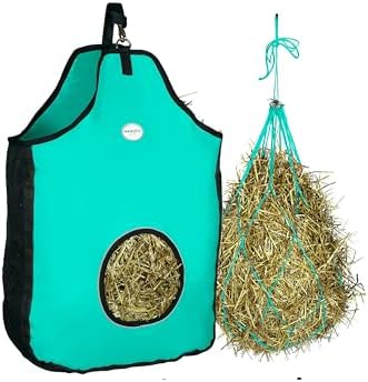 Majestic Ally 1200 D Hay Feeder Tote Bag for Horses, Sheep with Reflective Trim- Reduces Waste - Comes with 36” Hay Net. (Turquoise)