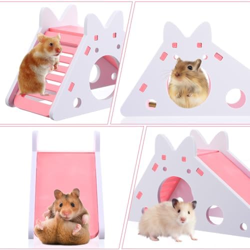TIESOME Hamster House with Ladder and Slide, Wooden Hamster Play Toys Hideout Hut Gerbil Rat Hideaway Small Animal Activity Toy DIY Hamsters Cage Accessories for Small Pets(Pink)