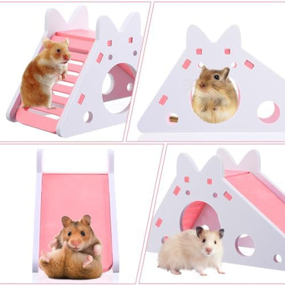 TIESOME Hamster House with Ladder and Slide, Wooden Hamster Play Toys Hideout Hut Gerbil Rat Hideaway Small Animal Activity Toy DIY Hamsters Cage Accessories for Small Pets(Pink)