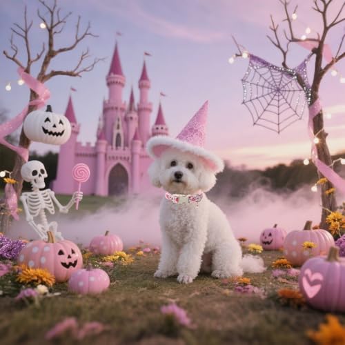 Lionet Paws Halloween Dog Collar- Cute Ghost Pumpkin Pink Dog Collars with Plastic Buckle and Ghost Pendant, Light Adjustable Dog Collars for Small Medium Dogs