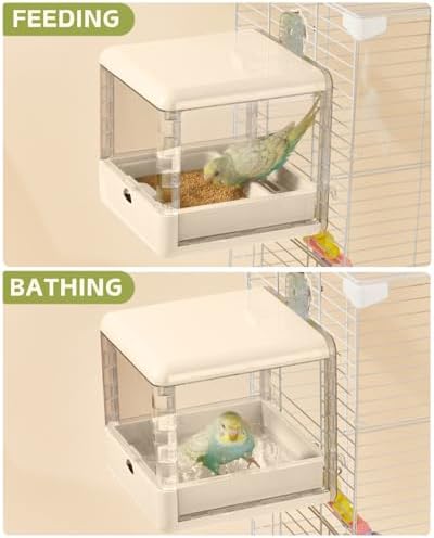 septillar Bird Feeder and Bath for Cage, Hanging Bird Bathtub Bath Shower Box Bowl, Bird Cage Accessories Suitable for Small Medium Birds, Parrots, Lovebirds, Finches, Parakeets, Mannikin (White)