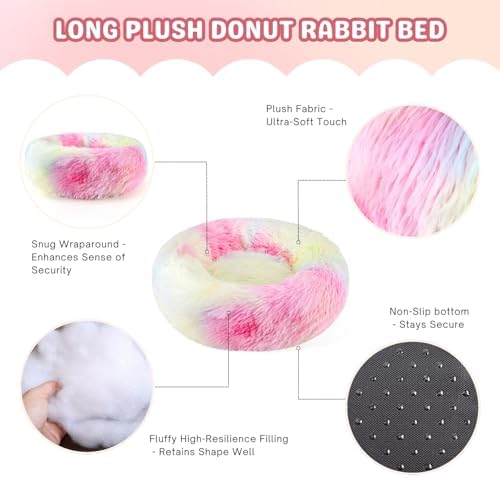 Rabbit Bed, Long Plush Donut Shaped Washable Bunny Hideout Soft Pet Bedding Mat for Guinea Pig, Kitten, Chihuahua & Small Pets for Snuggling Resting - Rainbow