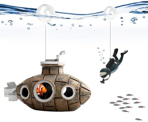 Floating Retro Submarine, Fish Tank Decoration for Aquarium, Brown