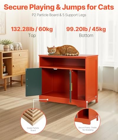 VEVOR Cat Litter Box Enclosure, 31 in Hidden Litter Box Cabinet with Shelf & Storage, Modern Style Indoor Cat Washroom, Wooden Kitty House Furniture End Table, Fit Most Litterboxes, Red & Green