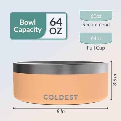 Coldest Dog Bowl - Anti Rust Metal, Non Slip, 3 Layers Insulated Stainless Steel Dog Bowls - Spill Proof & Heavy Duty - Water Bowl for Dogs, Cats & Pets, Dish Washer Safe (64 oz, Sahara Peach)