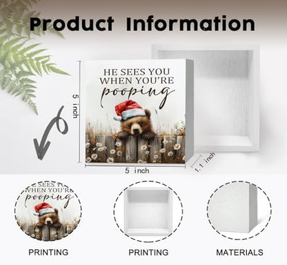 Christmas Bear Home Bathroom Decor Sign - Farmhouse Western Christmas Animal Bathroom Decor,Rustic Farm Animal He Sees You When You're Pooping Signs,Bear Gifts for Women