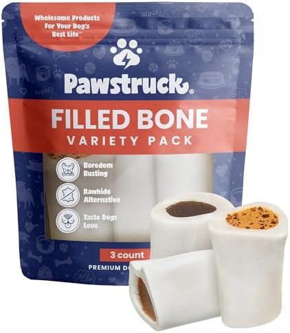 Pawstruck Small 3” Filled Dog Bones Variety Pack - Peanut Butter, Cheese & Bacon, Beef Flavors - Made in USA Long Lasting Stuffed Femur Treat for Aggressive Chewers - Pack of 3 - Packaging May Vary