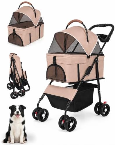 Pet Stroller, 3 in1 Foldable Dog Cat Stroller with Detachable Carrier-Khaki