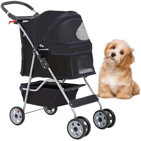 BestOffice Pet Stroller for Small Medium Dogs & Cats, 4-Wheel Foldable Dog Stroller with Cup Holder, Lightweight Travel Carrier, Waterproof Design for Outdoor Walks, Black
