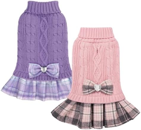 YUDODO 2 Pack Small Dog Sweater Dress with Bowtie Turtleneck - Pet Clothes