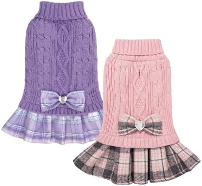 YUDODO 2 Pack Small Dog Sweater Dress with Bowtie Turtleneck - Pet Clothes