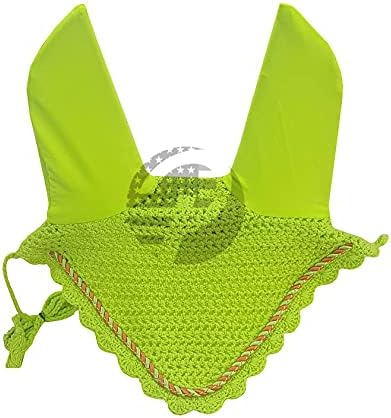 Horse Ear Bonnet Fly Veil Crochet Equestrian with Piping 30 Color Full/COB/Pony (Small/Pony, NEON Yellow)