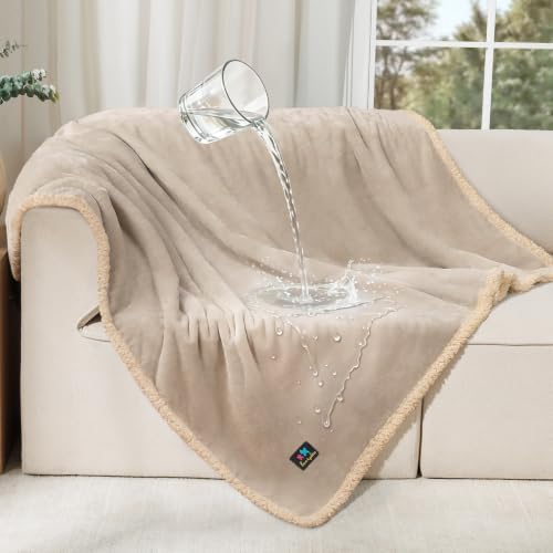 Luciphia Waterproof Pet Blanket, Liquid Pee Proof Dog Blanket for Sofa Bed Couch, Reversible Sherpa Fleece Furniture Protector Cover for Small Medium Large Dogs Cats, Grey Beige Large（65" x 57"）