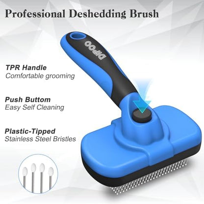 Dipoo Self-Cleaning Brush for Pet Deshedding - Skin-Friendly Grooming Tool for Dogs and Cats, Blue
