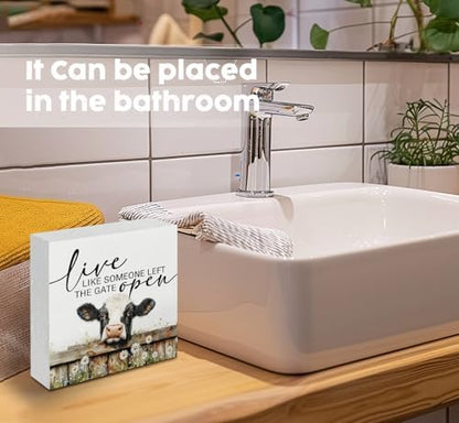 Live like Someone Left the Gate Open Cow Sign, Farm House Cottagecore Cow Wooden Signs, Rustic Farmhouse Wood Sign Home Decor, Farm Cow Decor For Office Bedroom Kitchen