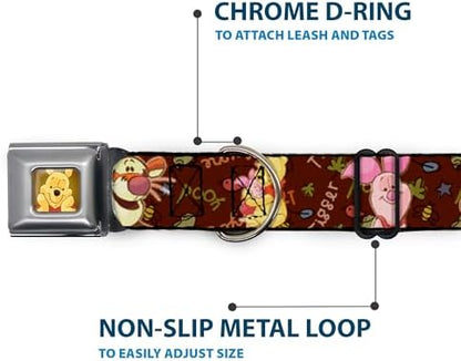 Dog Collar Seatbelt Buckle Mickey Mouse Expressions Close Up Black White 16 to 23 Inches 1.5 Inch Wide | Winnie The Pooh Character Poses Durable Metal Adjustable ID Tag Ring