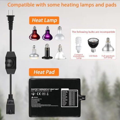 2Pcs Reptile Dimming Thermostat for Temperature Control, Dimmer Switches for Heating Pad & Heat Lamp, Reptile Knob Dimmer 200W MAX