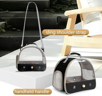 Bird Travel Carrier, Portable Small Bird Parrot Parakeet Carrier with Standing Perch and Mat, Side Access Window Collapsible (Black, Clear Windows)