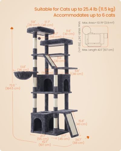 Feandrea Large Cat Tree, 72.6" Tall Sturdy Cat Tower for Indoor, Dark Gray