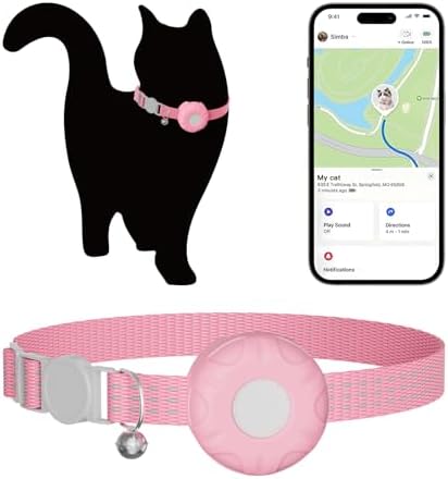 Cat Tracker, GPS Tracker Compatible with Apple Find My App(Only iOS), Waterproof Cat Tracker Collar with Bell and Safety Elastic Buckle, No Monthly Fee, Pet Trackers for Vehicles, Pets, Kids (Pink)