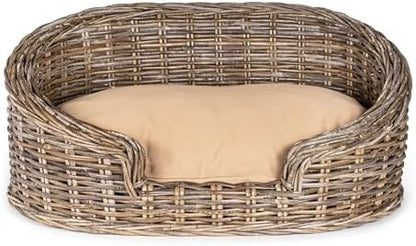 DBD1005A Elevated 27.5" x 17" Bohemian Handwoven Rattan Dog Daybed with Machine-Washable Cushion, Natural