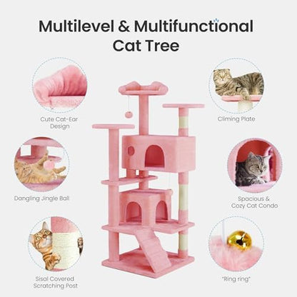 54 Inches Cat Tree Tower Condo Furniture, Cat Tower with Scratching Post, Multi-Level Climbing Tree Cat House Padded Plush Perch, Kittens Pet Play House, Light Gray