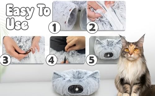 Cat Donut Tunnel Bed with 3pcs Mouse Ball Toy - Cat Tunnel for Under Christmas Tree & Cat Tunnel Bed Cave - Soft cat cave Bed – 3-in-1 Cat Tunnels for Indoor Cats, Kittens, Puppies, Rabbits (Grey)