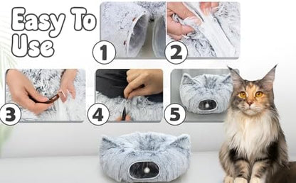 Cat Donut Tunnel Bed with 3pcs Mouse Ball Toy - Cat Tunnel for Under Christmas Tree & Cat Tunnel Bed Cave - Soft cat cave Bed – 3-in-1 Cat Tunnels for Indoor Cats, Kittens, Puppies, Rabbits (Grey)