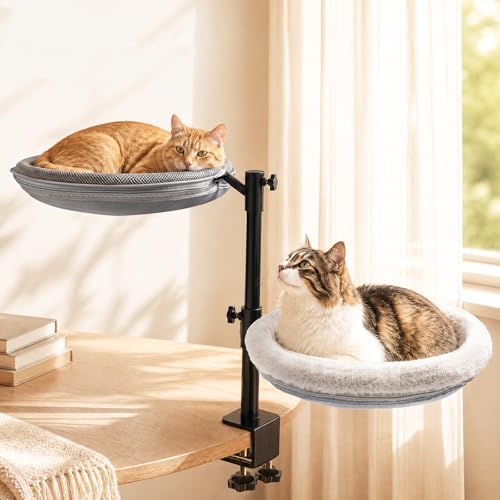 Double Cat Desk Bed with 360° Rotation & Adjustable Height, 2-Tier Cat Hammock for Desk, Heavy Duty Desktop Cat Perch with Mesh & Plush Covers, Home Office Cat Bed, Gray