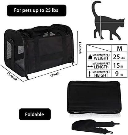 Cat Carrying Case - Pet Carrier Airline Approved, Protable and Breathable Pet Travel Carrier Removable Fleece Pad, Collapsible Cat Carrier Dog Carrier for Medium Cats Small Cats Dogs(Medium, Black)
