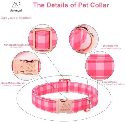 Pink Checkerboard Dog Collar, Classic Girly Plaid Dog Collars, Adjustable Heavy Duty Girl Dogs Collar for Small Medium Large Dogs with Metal Buckle M