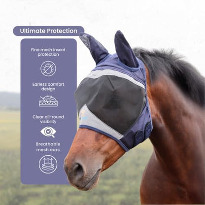 Shires FlyGuard Pro Fine Mesh Fly Mask with UV Protection Navy/Small Pony/Ears