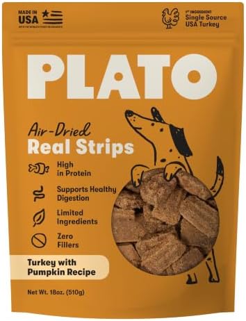 Plato Real Strips Turkey & Pumpkin Recipe Dog Treats, Air-Dried High-Protein Grain-Free Soft Strips with Real Pumpkin, 18 oz