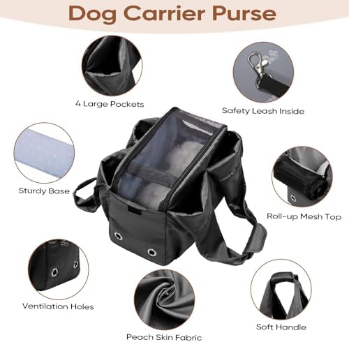Dog Purse Carrier for Small Dogs, Cats, and Puppies – Soft-Sided Travel Pet Tote Bag with 4 Large Pockets, Foldable, Lightweight, Fits Pets up to 15 lbs, for Travel, Outings (Black)