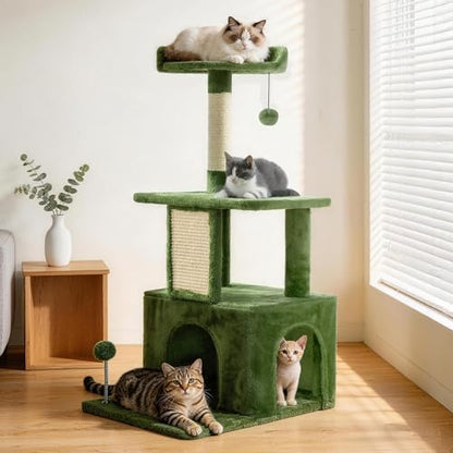 32.8inch Small Cat Tree Tower Condo for Indoor Cats, Soft Plush Multi-Level Climbing Tree Cat House with Cat Cave, Scratching Post, Sisal Rope, Green