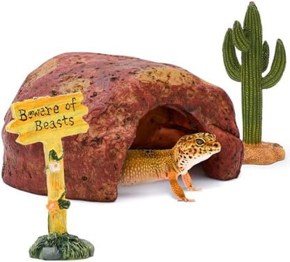 3-in-1 Desert Theme Reptile Rock Cave Hide for Leopard Gecko & Snake - Naturalistic Tank Habitat Decor Set with Cactus Model, Interactive Warning Sign & Moist Hideout (Small Size)