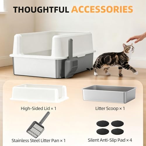 WoofiGo XXL Stainless Steel Cat Litter Box, High Sided Open Top Litter Pan