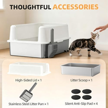 WoofiGo XXL Stainless Steel Cat Litter Box, High Sided Open Top Litter Pan