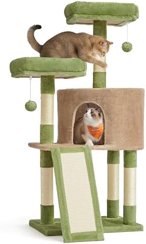 Feandrea Cat Tree, 45.3-Inch Cute Cat Tower, Climbing Condo, Green & Brown
