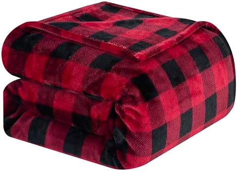 Elegant Comfort Velvet Touch Ultra Plush Christmas Holiday Buffalo Plaid Fleece Throw/Blanket-50 x 60inch, Buffalo Burgundy