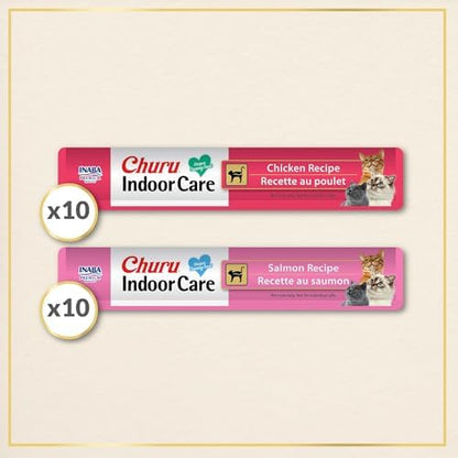 INABA Churu Indoor Care for Hairball Control, Functional Lickable Cat Treat with Taurine & Green Tea Extract, 0.5oz Each, 20 Tubes Total, Chicken & Salmon Variety