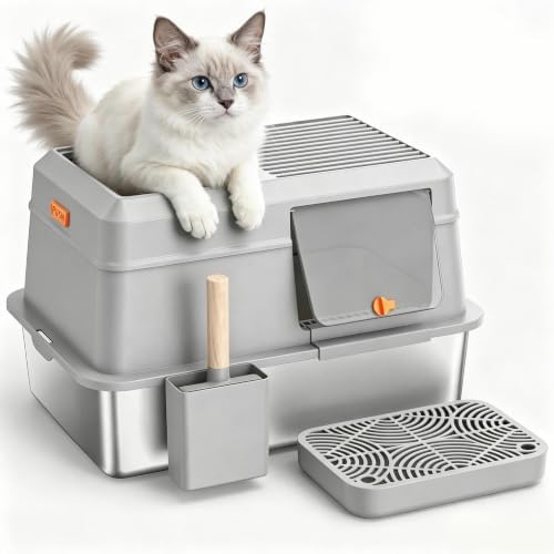 Extra Large Enclosed Stainless Steel Litter Box with Lid，Side Entry Top Exit High Sided Metal Cat Litter Pan，Non-Stick Easy Cleaning Anti-Urine Leakage for Big Cats，Includes Scoop & Step, Grey
