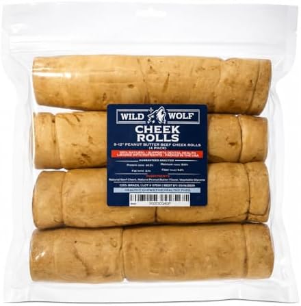 Wild Wolf 9-12" Peanut Butter Beef Collagen Cheek Rolls for Dogs (4 Pack) - 100% Natural Big Dog Chew - No Rawhide - Free-Range Grass-Fed, Packed with Protein - for Aggressive Chewers