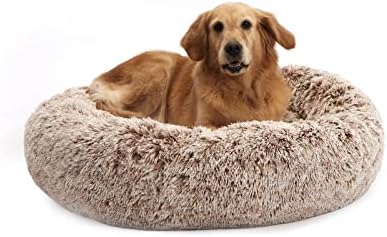 Bedfolks Calming Fluffy Donut Dog Bed for Large Dogs,Brown, 36" Round