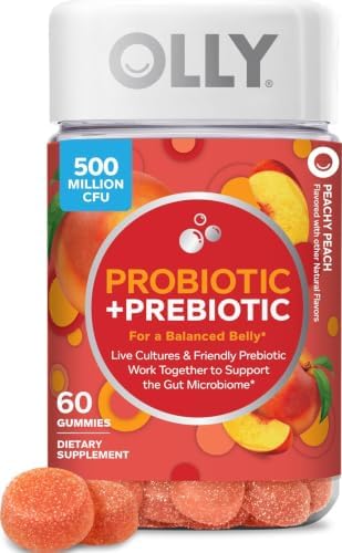 OLLY Probiotic + Prebiotic Gummy, 500 Million CFUs, Peachy Peach - 60 Count (Pack of 12)